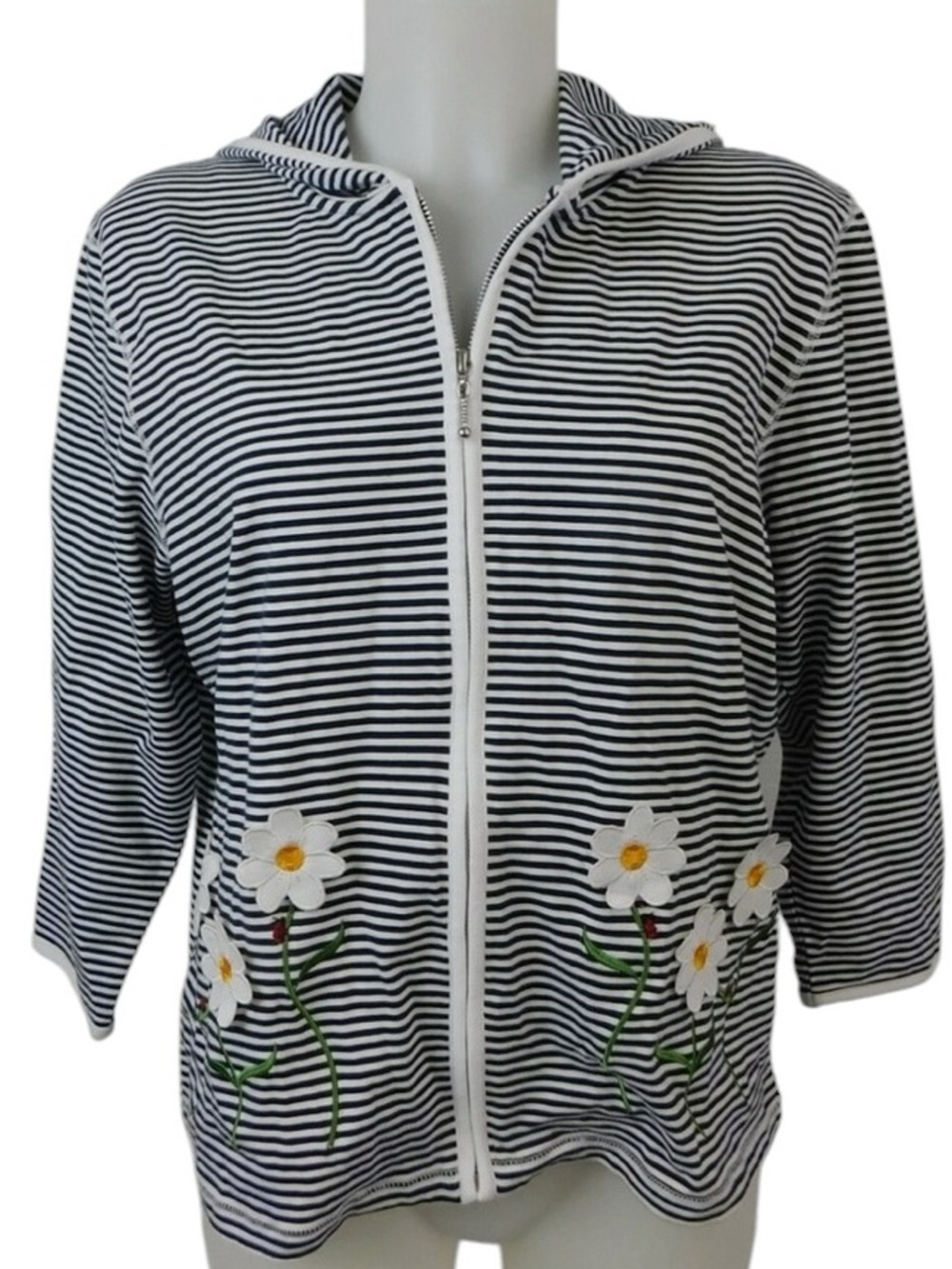 Striped Navy & White Zip-Front Hoodie with Daisy Embroidery